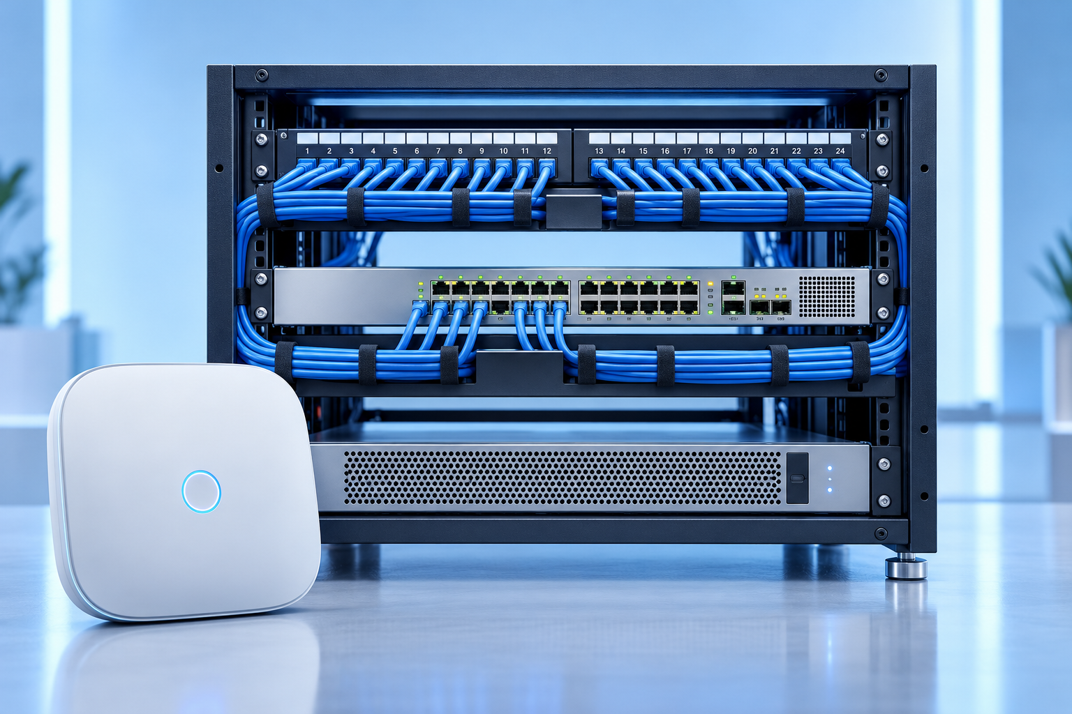 Equipos y cableado organizado de red empresarial